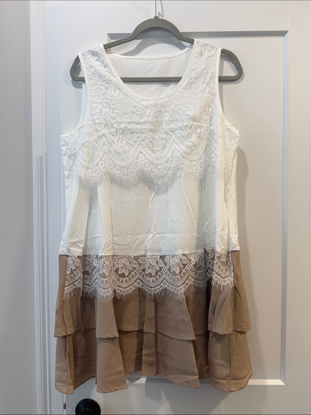 White and Tan Lace-Trim Mini Dress NWOT Size L